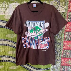 Vintage Garan Brown Minnesota Twins 1991 World Series T-Shirt Size Extra Large